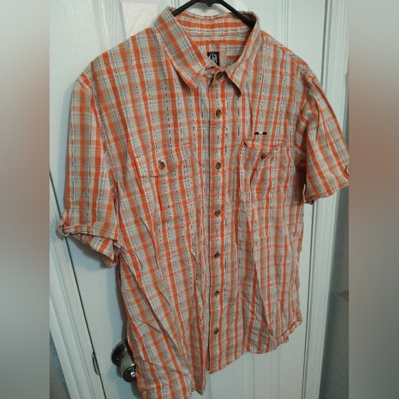 Cavi Men's 2X Large Plaid Button Down Short Sleeve Shirt Orange White Charcoal - Picture 4 of 9